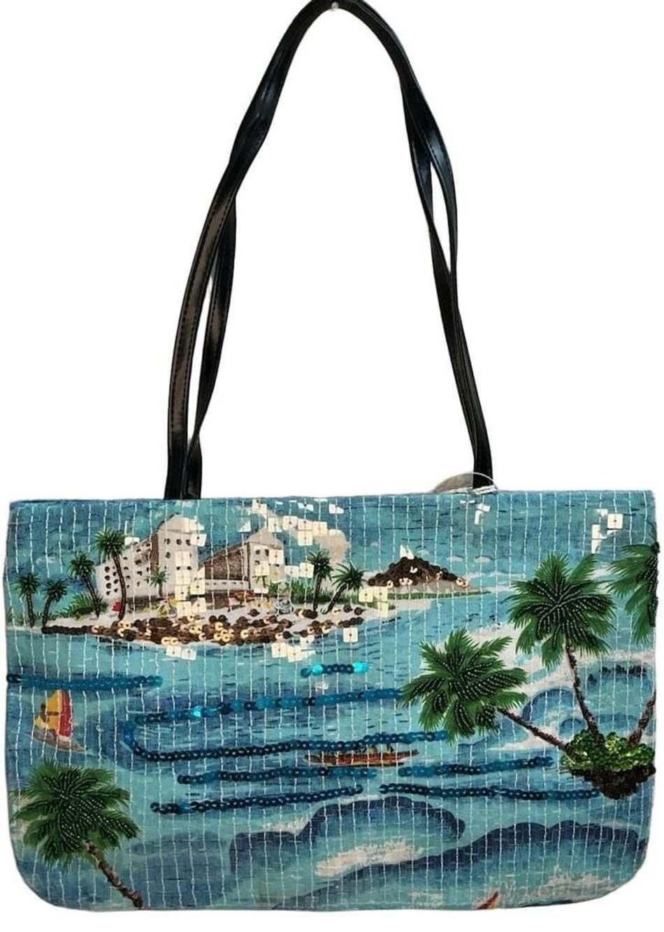 Prezzo Beaded Sequin Tropical Beach Scene Tote Bag